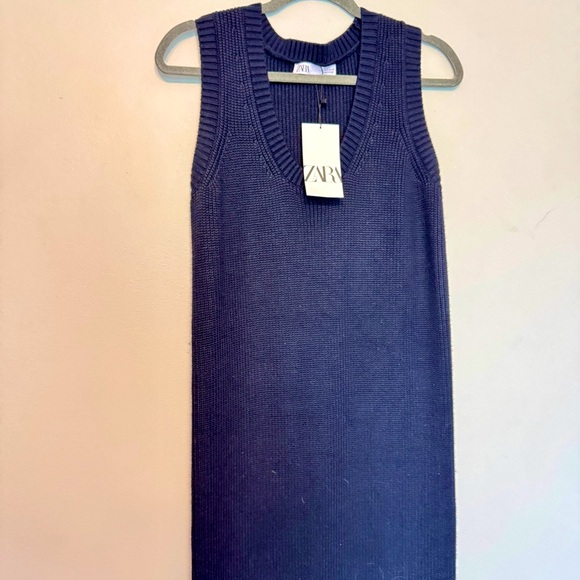 ZARA Long Knit Sleeveless Navy Midi Length Dress - Picture 2 of 12